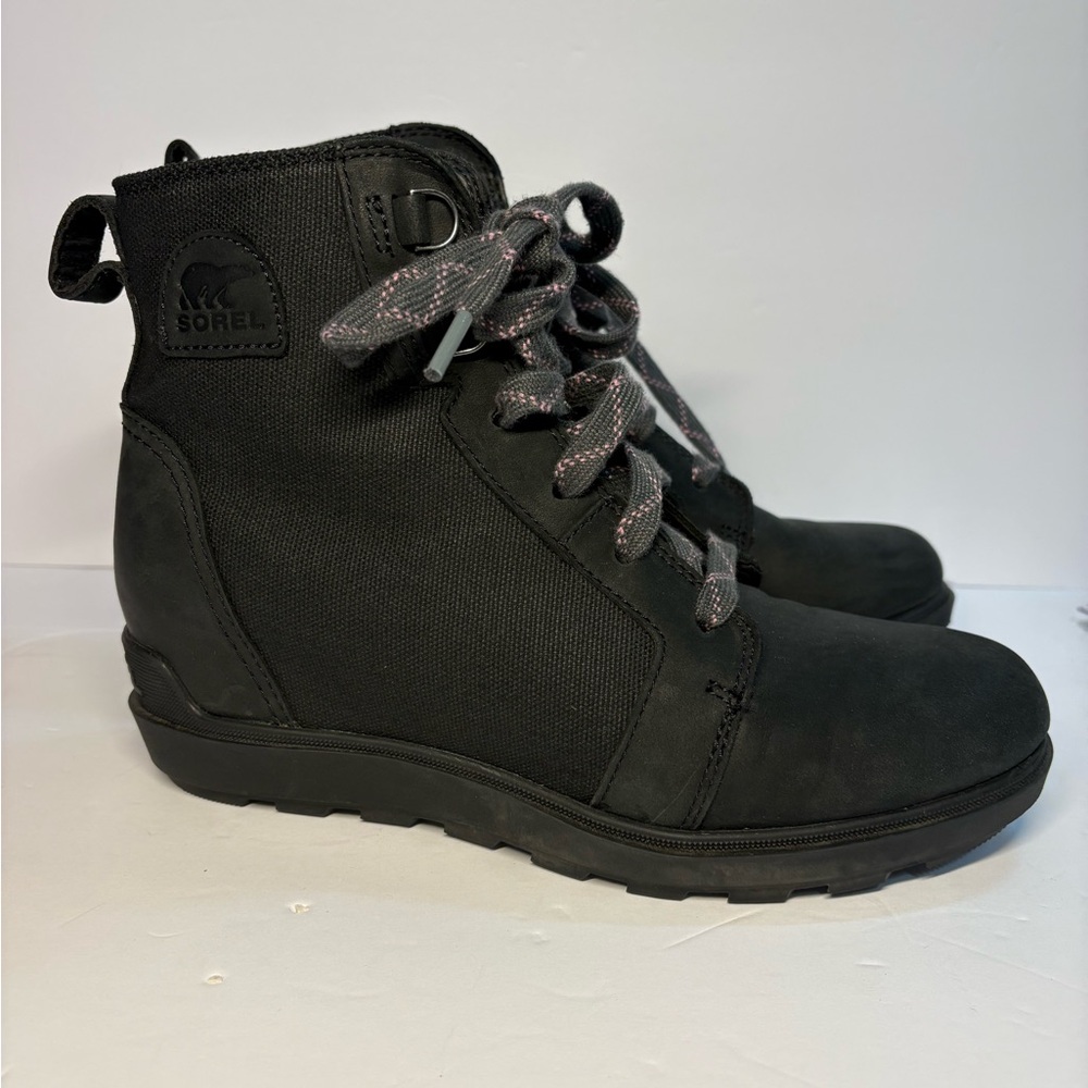 Sorel Evie II  Lace Suede Bootie Waterproof Wedge Black Sea Salt Women's 8.5